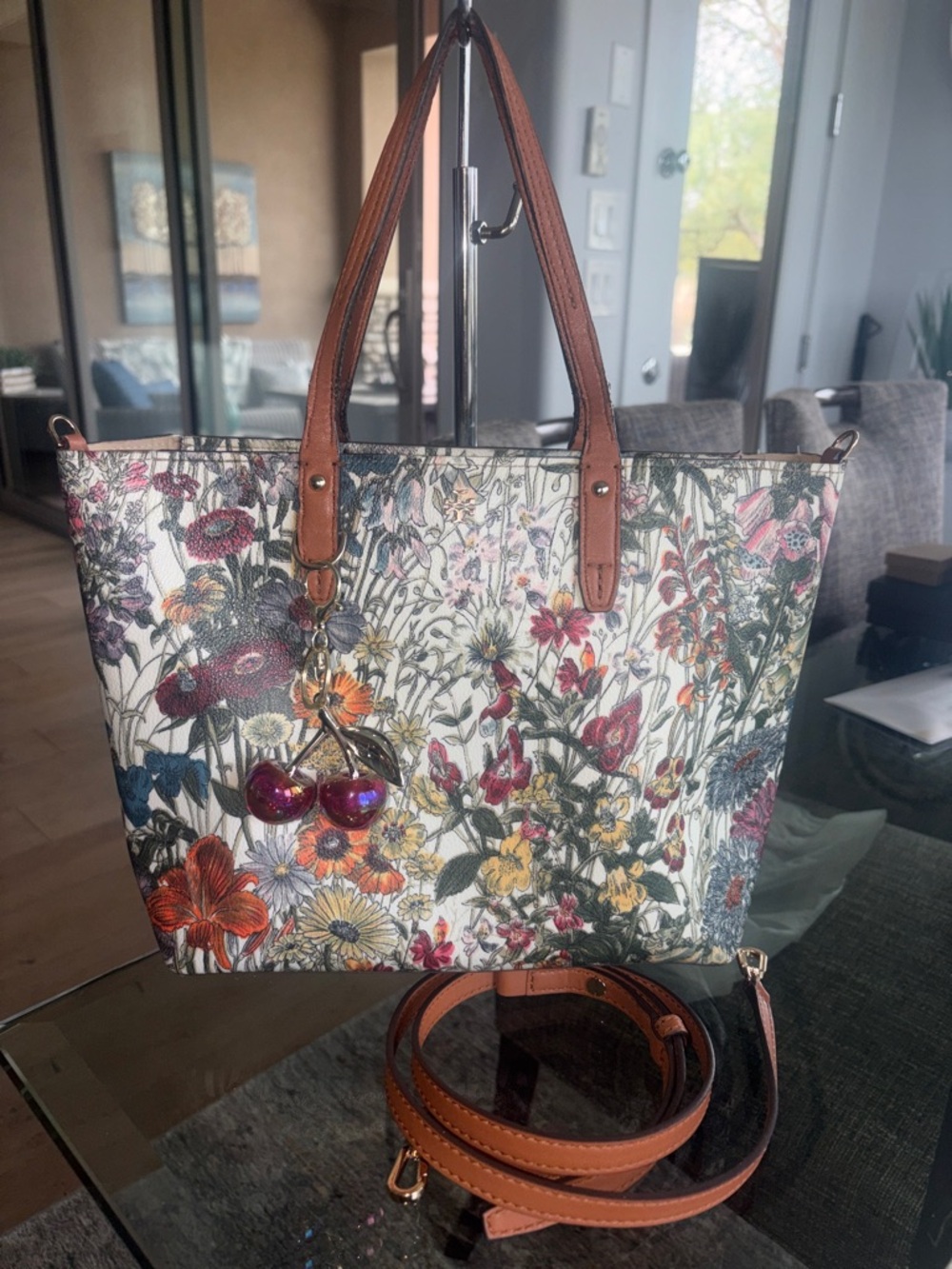 Tory Burch Multicolor Floral Tote with crossbody strap and Cherry Charm.